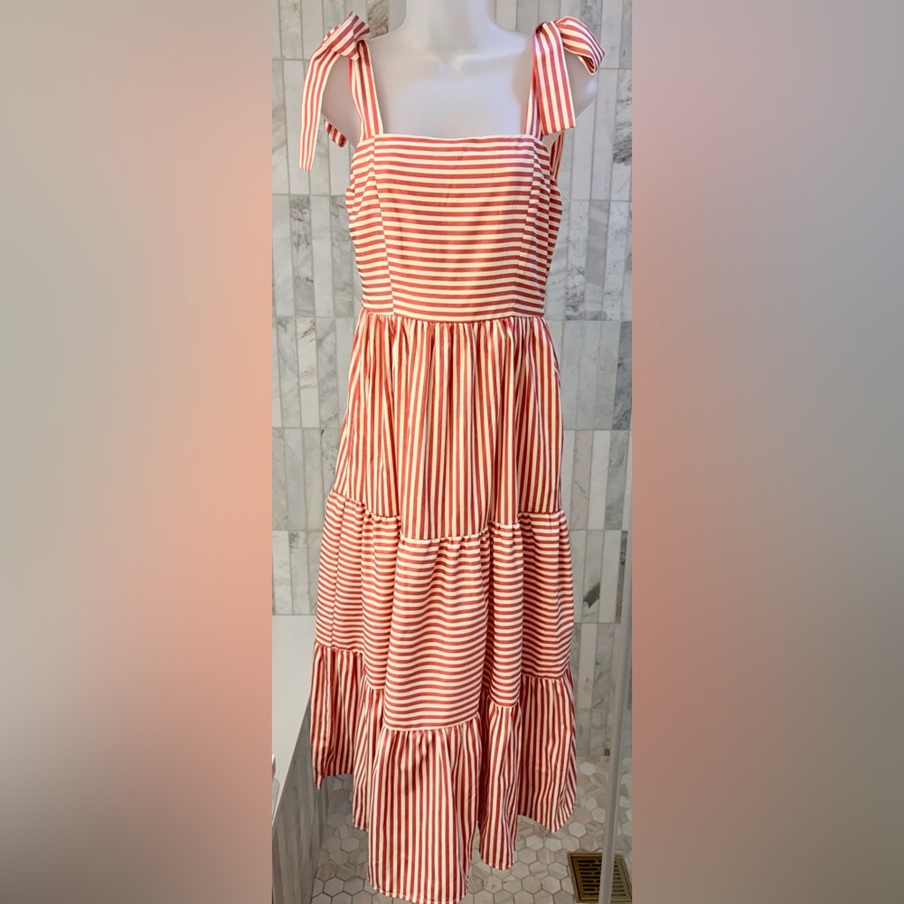 Striped Tie-Shoulder Tiered Midi Dress